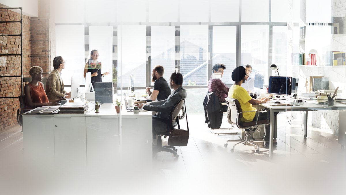 An open-plan studio with teams working at shared desks