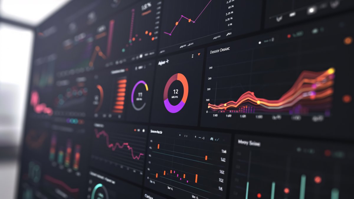 A dark analytics dashboard showing charts and performance metrics