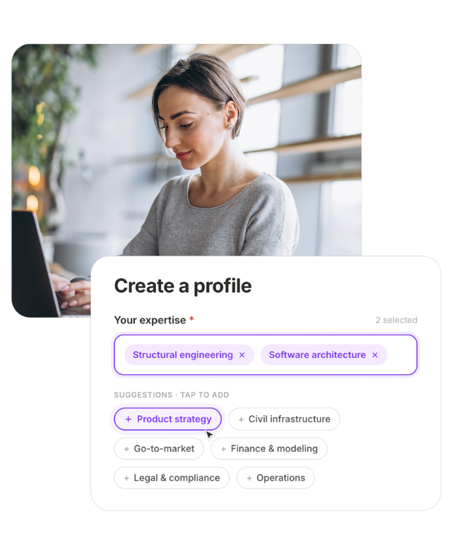 Create a profile — pick your areas of expertise