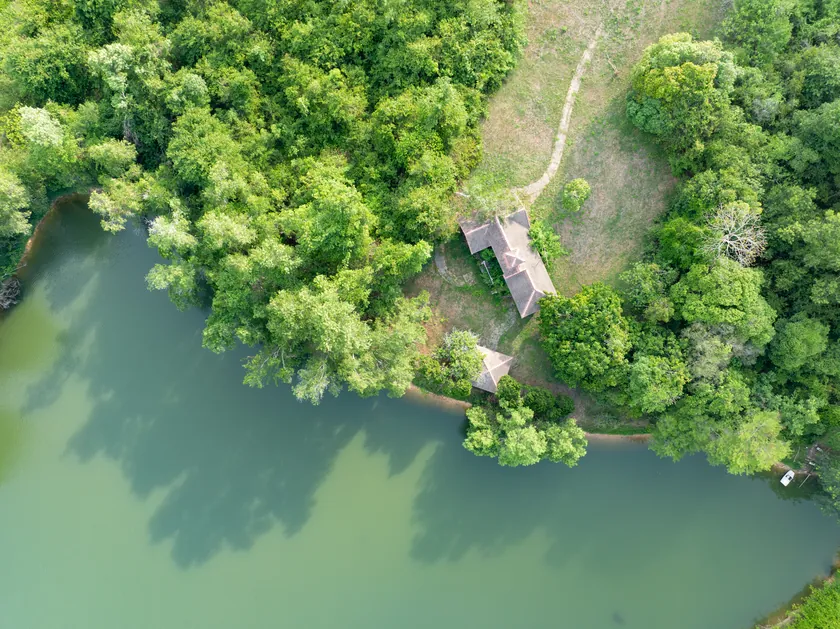 Aerial view of a house among trees on a lakeshore