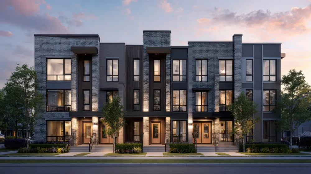A row of modern brick townhouses at dusk