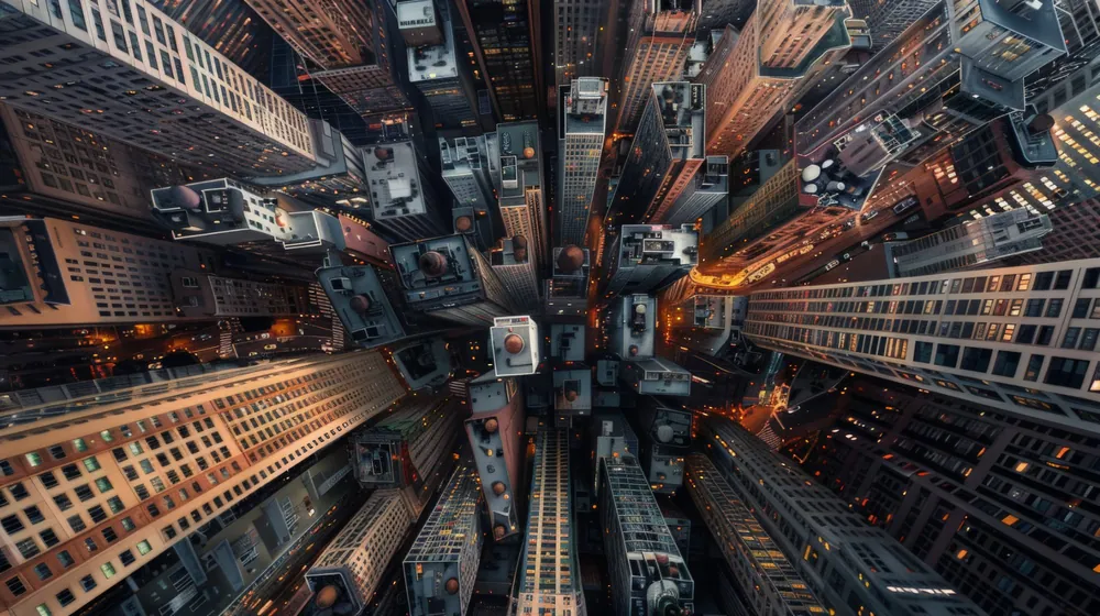Looking straight down on a dense city of high-rise buildings at dusk